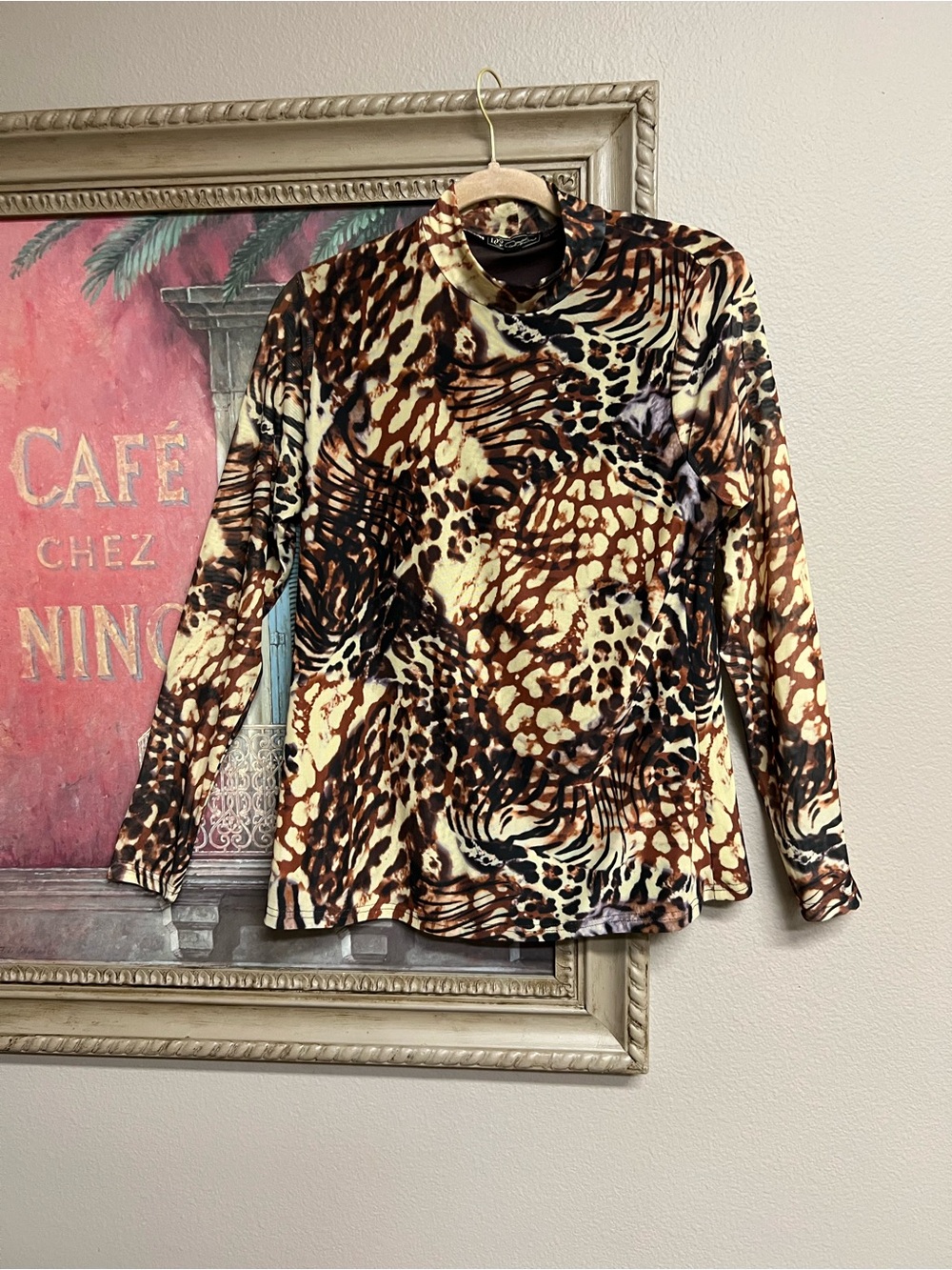 DG2 by Diane Gilman Brown & Cream Animal-Print Long Sleeve Mock Neck Mesh Top